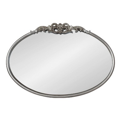 Oval Silver Wood Vanity Mirror with Intricate Metal Crown