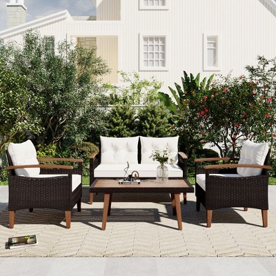 SKRAN 4-Piece Garden Furniture, Patio Seating Set, PE Rattan Outdoor Sofa Set, Wood Table and Legs