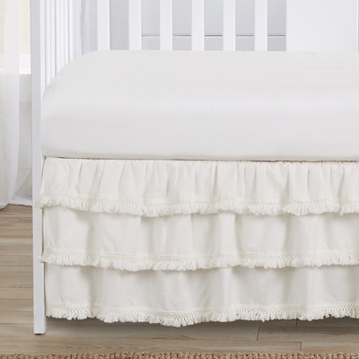 Ivory Cotton 3-Tiered Ruffle Crib Bed Skirt with Macrame Fringe