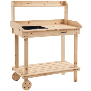 36" Wooden Potting Bench Work Table with 2 Removable Wheels, Garden Workstation with Removable Sink, Drawer & Large Storage Spaces - 1 of 4