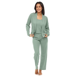 ADR Women's Pajamas Set, Soft Ribbed Knit Waffle 3 Piece Lounge Set - Cardigan Sweater, Cami Top Shirt, Pajamas Pants - 1 of 4