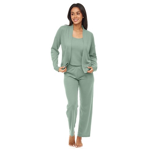 Adr Women's Ribbed Knit Cardigan Thermal Sleepwear Set Hip Length Jacket,  Cami Top And Pajama Pants Sage Large : Target