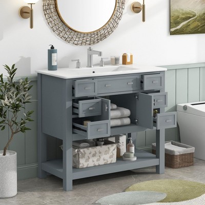TUYOHW Bathroom Vanity with Top Sink, Modern Bathroom Storage Cabinet with 2 Soft Closing Doors and 6 Drawers, Single Sink Bathroom Vanity
