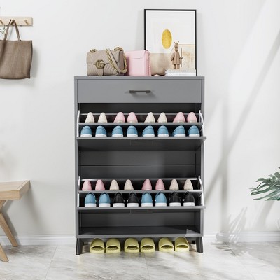 32"Shoe Storage Cabinet for Entryway, Free Standing Shoe Organizer with 2 Flip Drawers,White