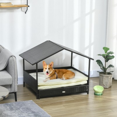 Outdoor Black Wicker Dog Sofa Bed with Waterproof Roof