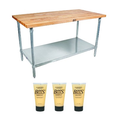 John Boos Maple Wood Top Work Table 48 x 24 x 1.5" with Adjustable Lower Shelf and Block Wooden Butcher Board Natural Moisture Cream, 5 Oz (3 Pack)