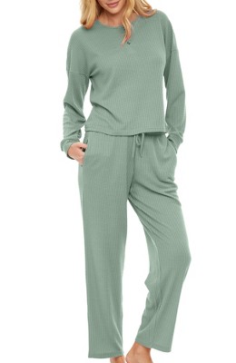 Adr Women's Ribbed Knit Pajamas Set, Button Down Drop Shoulder Top