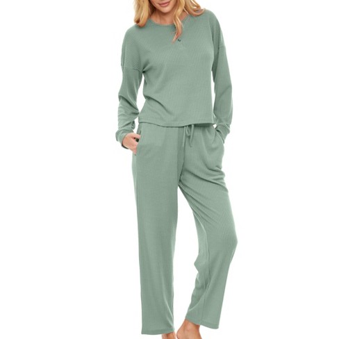 ADR Women's Ribbed Knit Pajamas Set Set with Pockets, Drop Shoulder  Sleepshirt and Pajama Thermal Underwear Pants Blue X Large