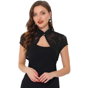 INSPIRE CHIC Women's Lace Stand Collar Pearl Button Short Sleeve Cropped Shrug - 1 of 4