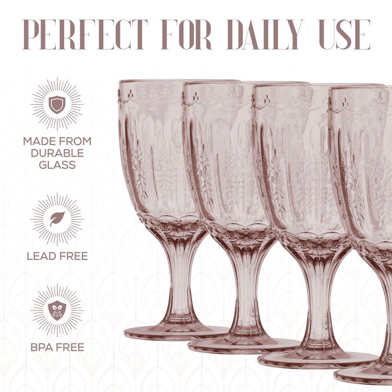 Elle Decor Vintage Wine Goblets, Set of 4, Color Tint Glassware Set, Water Goblets for Party, Wedding, & Daily Use, 10.1 oz, Pink, 5 of 8