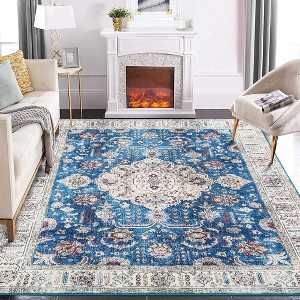 Area Rug Washable Rug Bohemian Vintage Rug Vintage Floor Cover Traditional Rug, 9' x 12' Blue - 1 of 4