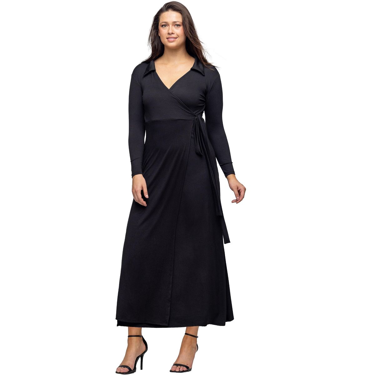 Womens V-Neck Long Sleeve Collared Wrap A-Line Maxi Dress - 24seven Comfort Apparel™ - thumbnail 2