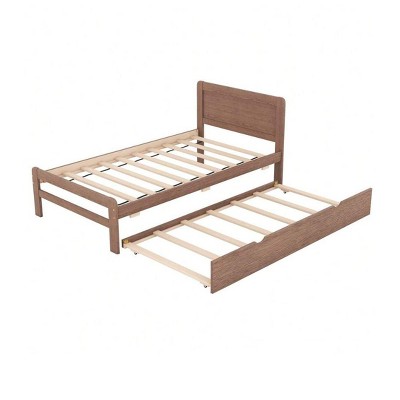 Modern Twin Size Platform Bed Frame With Trundle Wood, Twin Over Full Wood Bunk Bed With Guardrail And Ladder No Box Spring Needed For Guest Room Bed