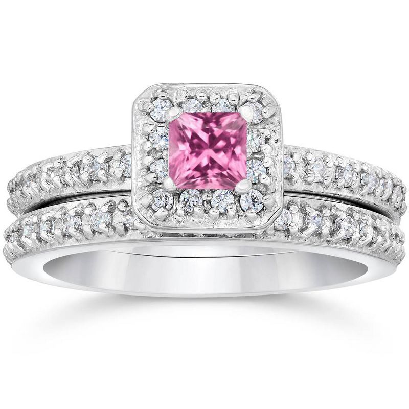 Pompeii3 Princess Cut Pink Sapphire 1 1/3ct Pave Vintage Diamond Ring Set 14K White Gold, 1 of 5