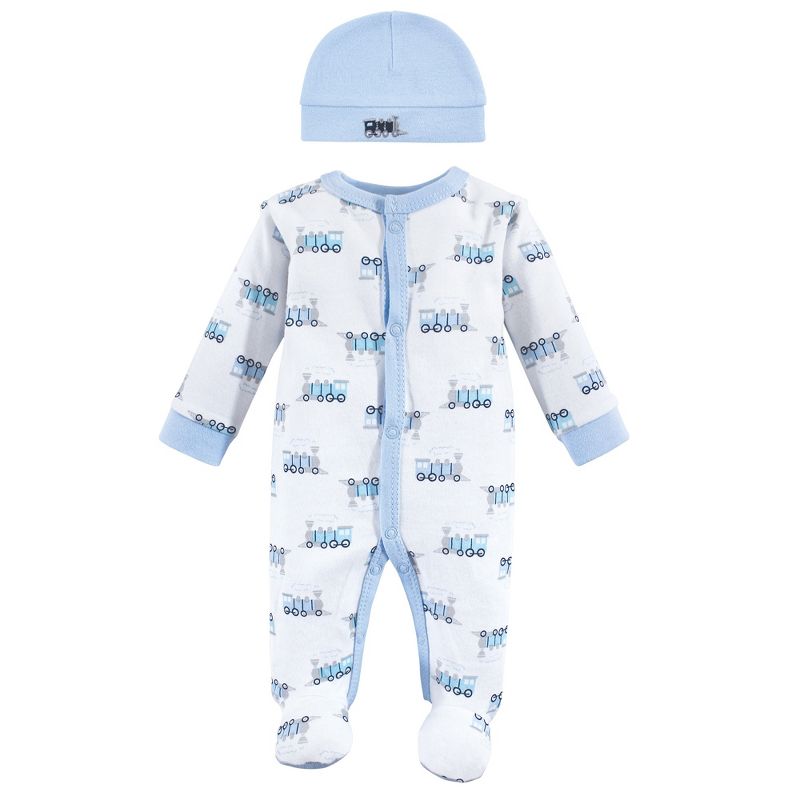 Luvable Friends Baby Boy Cotton Preemie Snap Sleep and Play and Cap 2pc Set, Train, Preemie, 1 of 3
