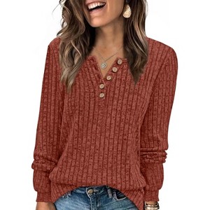 Women's Casual V-Neck Button-Front Ribbed Loose Long Sleeve Pullover Top, Comfortable Knit T-Shirt for Daily Wear - 1 of 4