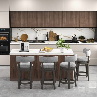 Gray Upholstered Swivel Bar Stools with Rubber Wood Legs, Set of 2