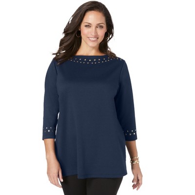 Jessica London Women's Plus Size Ponte Studded Tunic - S, Navy Gunmetal ...