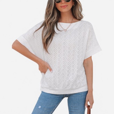 Amaryllis Women's Eyelet Short Sleeve Top with Relaxed Fit Boat Neckline Chic Breathable Blouse