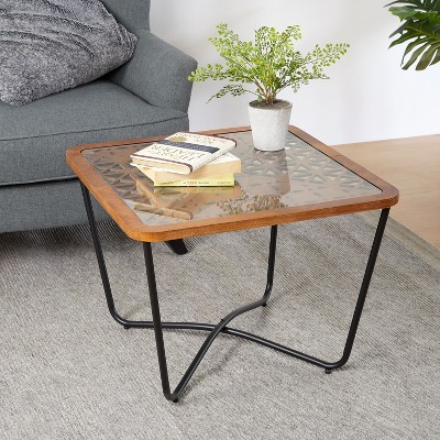 Christopher Knight Home Outdoor Side Table, Solid Pine Wood with Hollow Edge Design, Antique Gold Frame + Natural Wood Top
