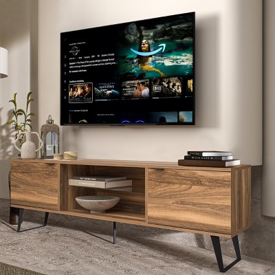 Atelier Mobili Mid Century Modern TV Stand Farmhouse Entertainment Center for Living Room Stylish TV Stand for 75 Inch TV Walnut Color
