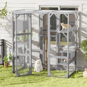 Outdoor Cat House, DIY Cat Enclosure, Cat Catio with Double Enter Doors, Balcony Cat Playpen with Platforms & Double Condos for 1-3 Cats - ModernLuxe - 1 of 4