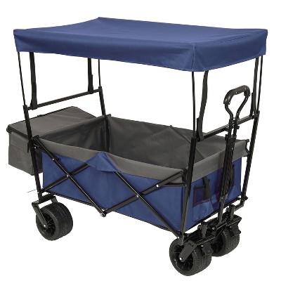 thumbnail interactive-video image 1 of GENIQUA Folding Beach Wagon – Collapsible Utility Cart With Canopy, 4 Wheels, Blue – Perfect For Garden, Sport, Kids 1 of 2