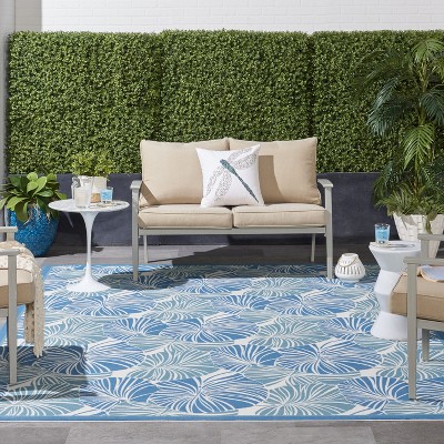 Blue Tropical Leaf Pattern Rectangular Outdoor Rug