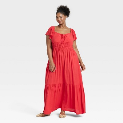 Women's Flutter Short Sleeve Tiered Maxi Empire Waist Dress - Ava & Viv™ Red 4X