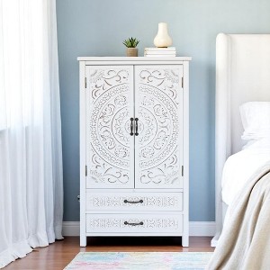 27" Accent Tall Tower Storage Cabinet -Rustic Wood Sideboard Pantry Cabinet with 2 Doors and 2 Drawers, Versatile Buffet Sideboard for Home Decor - 1 of 4