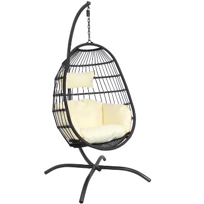 Sunnydaze Outdoor Resin Wicker Patio Penelope Hanging Basket Egg Chair Swing with Cushions, Headrest, and Steel Stand Set - Gray - 3pc