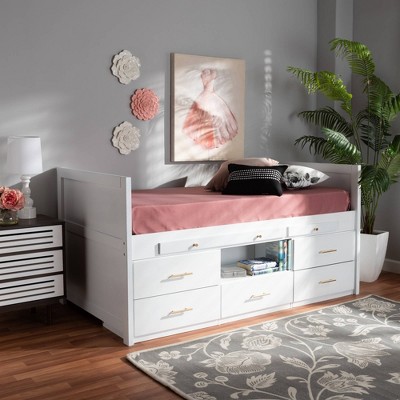 White Twin Wood Frame Storage Bed with Pull-Out Desk