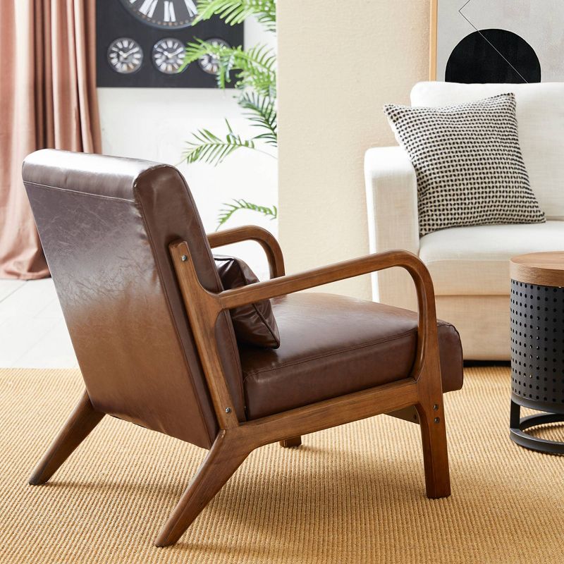 Mid-Century Modern Leatherette Arm Accent Chair Walnut Rubberwood Frame Coffee - Glitzhome, 4 of 11