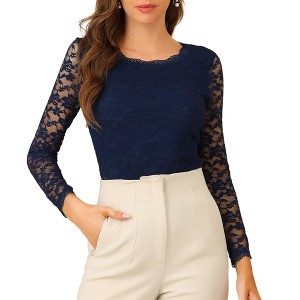 Allegra K Women's Slim Fit Sheer-Long-Sleeves Flower Embroidery Lace Top - 1 of 4