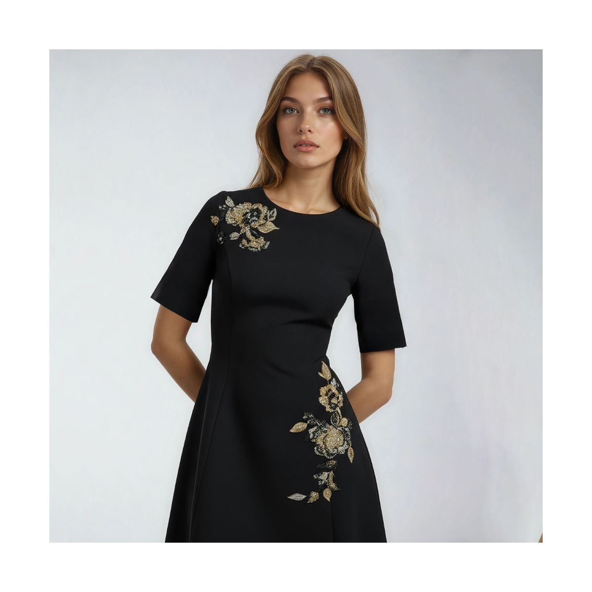 RENE RUIZ SHORT SLV A-LINE CREPE COCKTAIL W/ SIDE POCKETS & FLORAL EMB/BEAD APPLIQUES