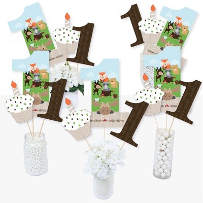 Big Dot of Happiness 1st Birthday Woodland Creatures - First Birthday Party Centerpiece Sticks - Table Toppers - Set of 15