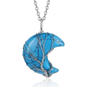 Tree of Life Wrapped Healing Crystal Necklace 12 Month Birthstone Pendant Crescent Heart Gemstone Jewelry - 1 of 4