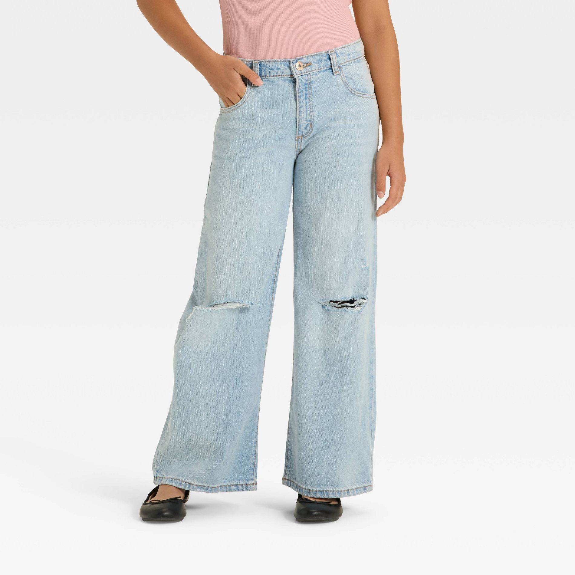 Girls' Mid-Rise Loose Slouchy Wide Leg Deconstructed Jeans - art class™ Blue 12