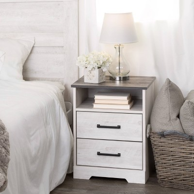 Washed White 2-Drawer Nightstand with Open Cubby and Gray Top