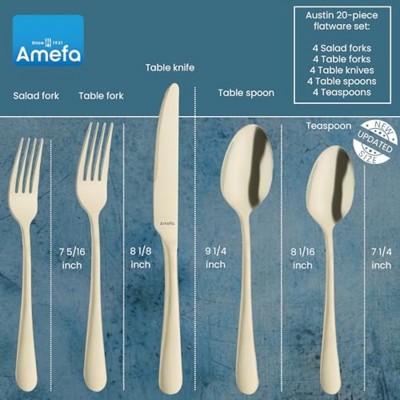Amefa Austin 20-Piece Flatware Set, Service for 4 - Elegant Satin Finish Silverware, Durable Stainless Steel Dishwasher Safe Cutlery Set - (Champagne)