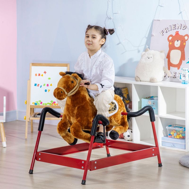 Qaba Kids Spring Rocking Horse, Ride on Horse for Girls and Boys with Animal Sounds, Plush Horse Ride-on with Soft Feel, Light Brown, 4 of 8