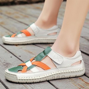 Clotth Women's Leather Cutout Closed Toe Fisherman Sandals Comfortable Sole  Flat Sandals with Hook and Loop Athletic Beach Shoes, Multicolor-7