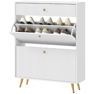 Aghana Digitals Modern White Shoe Cabinet with Gold Handles, Wave Panels, 2 Flip Drawers & - 1 of 4