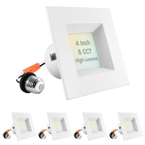 Luxrite 4 Inch Square Recessed LED Can Lights, 14W=75W, 5CCT 2700K-5000K, 950LM, Dimmable, Wet Rated, IC Rated, ETL, Baffle Trim 4 Pack - 1 of 4