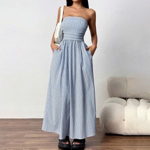tube top dresses casual Women's Striped Strapless Maxi Dress Summer Casual Tube Top Long Dresses  with Pocket