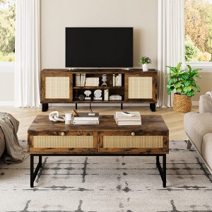 Rattan Coffee Table with 2 Drawer 45.6'' Wood Coffee Table with Storage Boho Dining Table with Rattan Drawer - 1 of 4