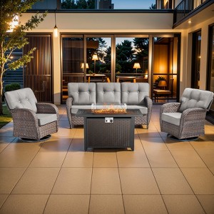 Buenhomino 4PCS PE Rattan Conversation Set with Outdoor Fire Table, Brown Wicker Swivel Patio Chairs with Sofa and Propane Fire Pit Table - 1 of 4