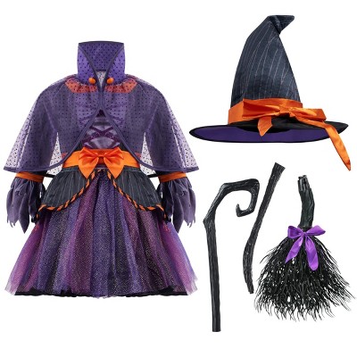 Joyfy Child Girl Orange Purple Witch Costume Toddler Witch Outfit Set with Broom for Kids Halloween Party