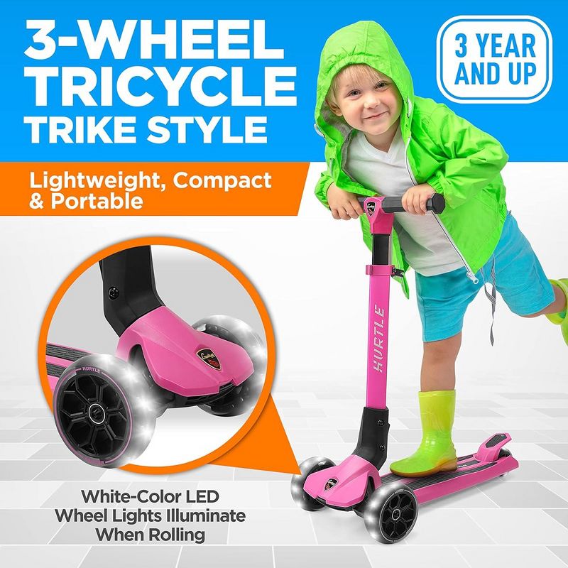 Hurtle 3 Wheeled Scooter for Kids - Foldable Stand Child Toddlers Toy Kick Scooters, Pink, 5 of 10