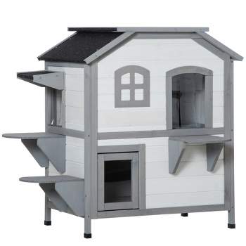 PawHut Wooden 2-Story Outdoor Cat House, Feral Cat Shelter Kitten Condo with Escape Door, Openable Asphalt Roof and 4 Platforms